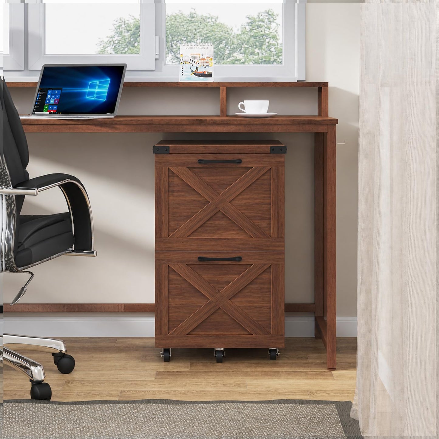 Halitaa 2 Drawer Small File Cabinet with Wheels, Farmhouse Vertical Filing Cabinet Fits A4/Letter Size, Under Desk Rolling File Cabinets for Home Office, Wooden Printer Stand, Walnut