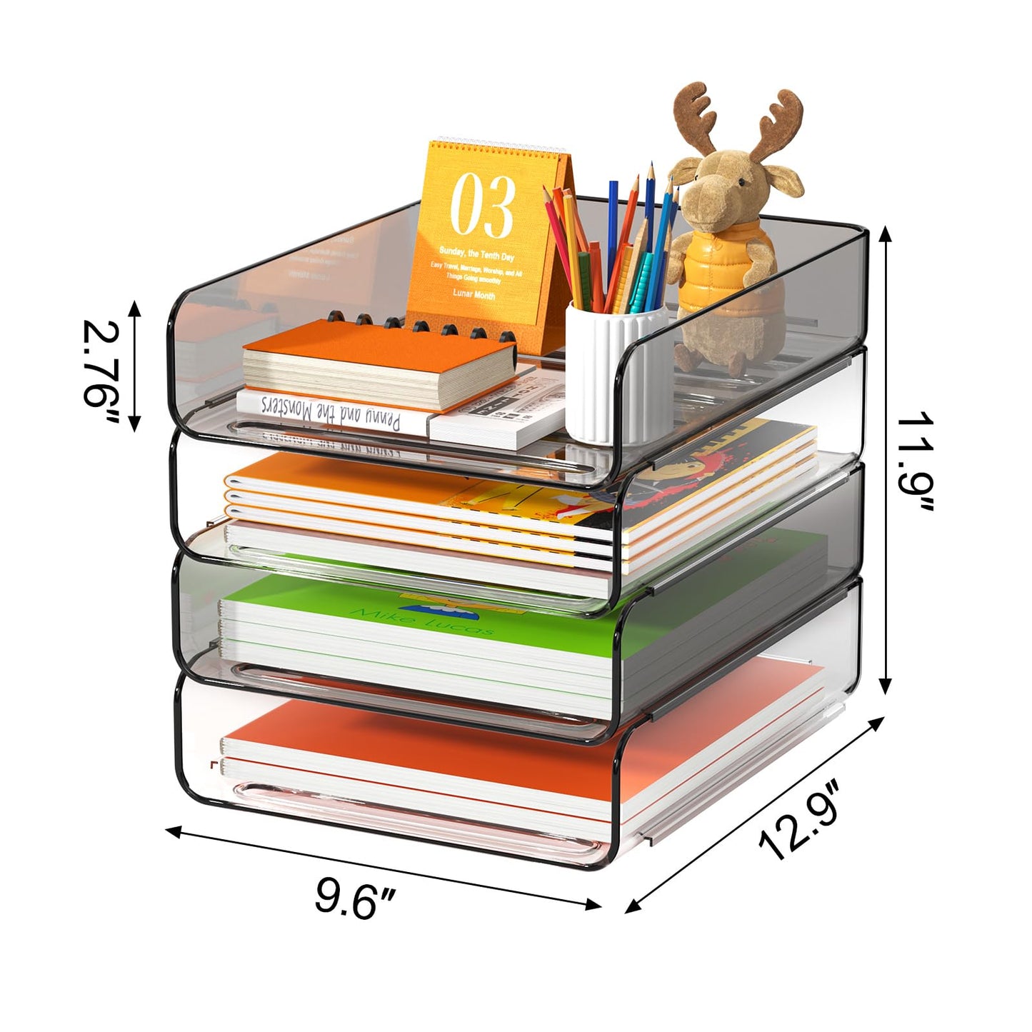 FANXIYQ 4-Tier Acrylic Paper Tray Organizer, Clear & Brown Stackable Desk Organizer for Documents, Files, A4 Paper, Mail, Books & Office Supplies, Office Classroom Home