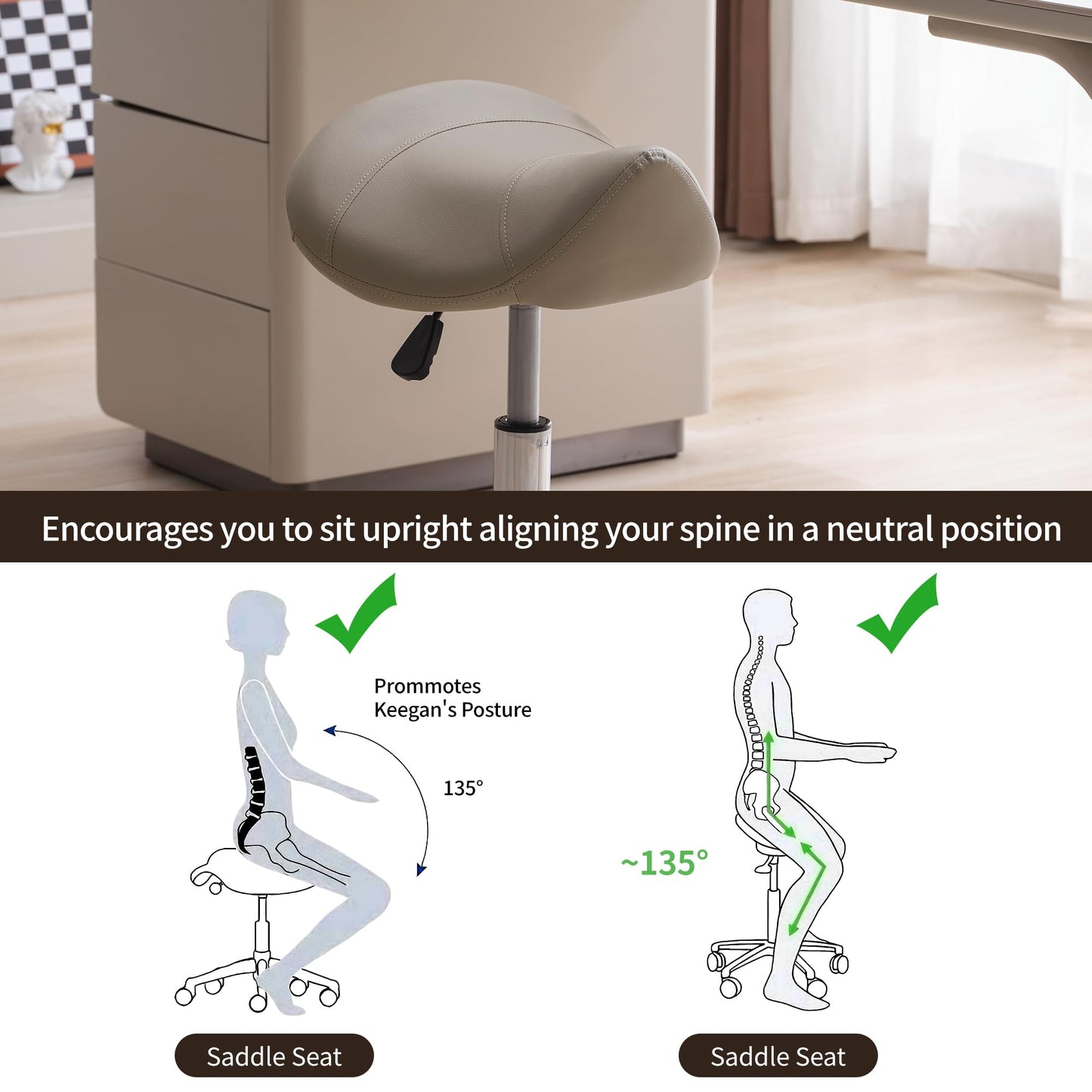 FIRAVOE Saddle Stool, Swivel Saddle Stool with Wheels, Adjustable Rolling Stool 18"-26", Faux Leather Rolling Stool for Salon, Massage, Clinic, Lab, Office (Light Grey, 1PCS (18"-26"))