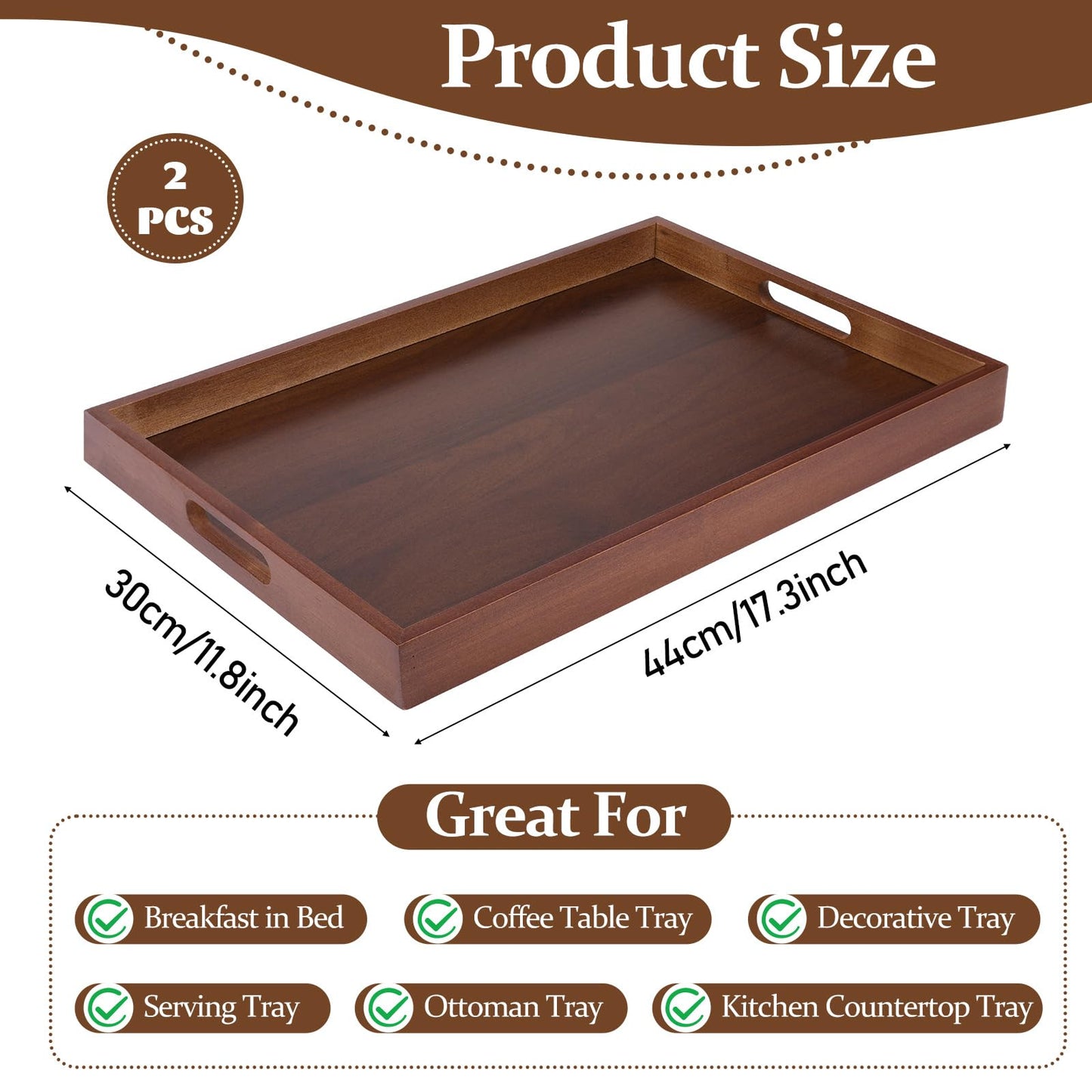 HANLANXUE 2 Pcs 17 Inch Acacia Wood Serving Trays with Handles, Large Wooden Tray Platter for Ottoman, Breakfast in Bed, Coffee Table, Decorative Rectangular Tray for Living Room Bedroom Kitchen
