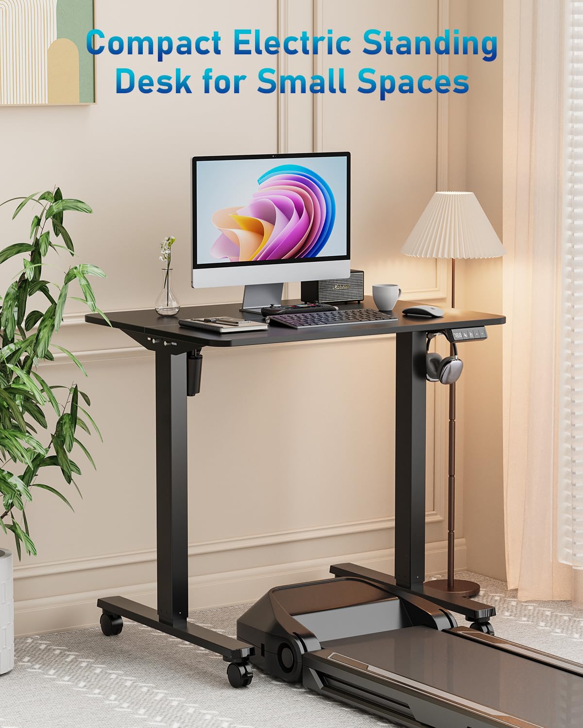 Xyndyx 32" Small Electric Rolling Standing Desk Adjustable Height, Mobile Sit Stand up Desk with Lockable Casters for Home Office & Computer Workstation, Splice Board, 2 Hooks, Black Frame/Black Top