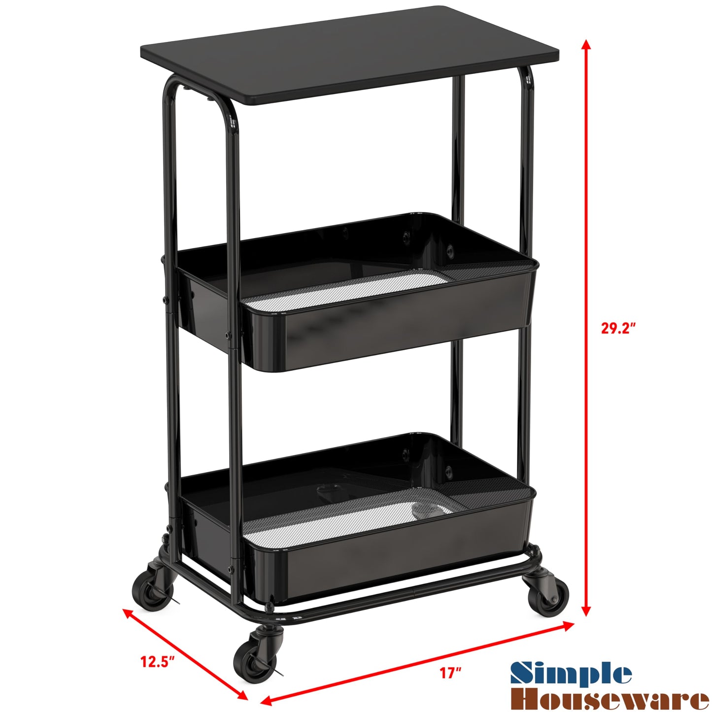 Simple Houseware 2-Tier Rolling Utility Cart with Lockable Wheels and Wood Top, Metal Storage Organizer Trolley for Kitchen, Bathroom, Office, Craft Room, Black