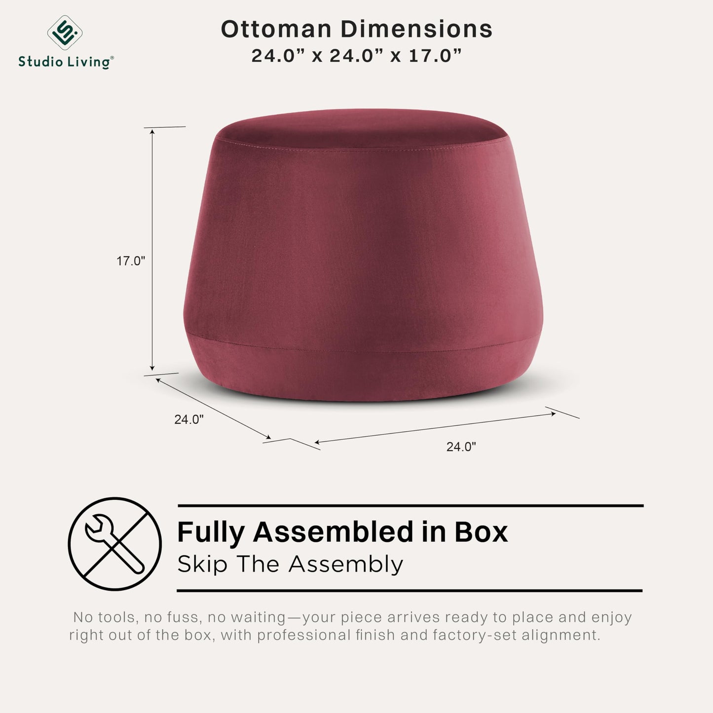 Studio Living® 24” Waverly Ottoman Round Faux Leather Bench, Stationary Ottomans, Backless Chair, Footrest for Living Room, Footstool Office, Bedroom, Padded Seat, Plum