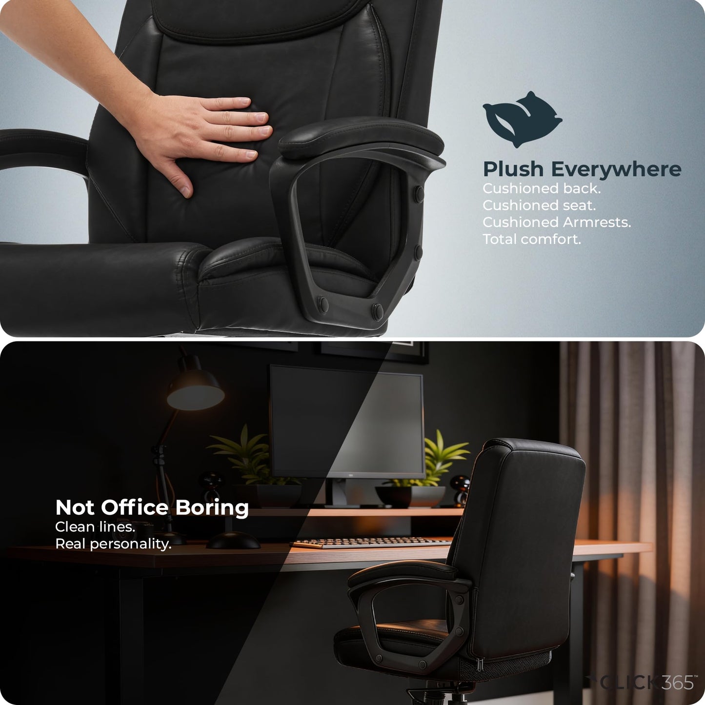 Click365 Transform 1.0 Ergonomic Office Chair, Mid Back Desk Chair with Padded Arms, Lumbar Support, Adjustable Height, Tilt Recline, Swivel Computer Chair, Bonded Leather, Black