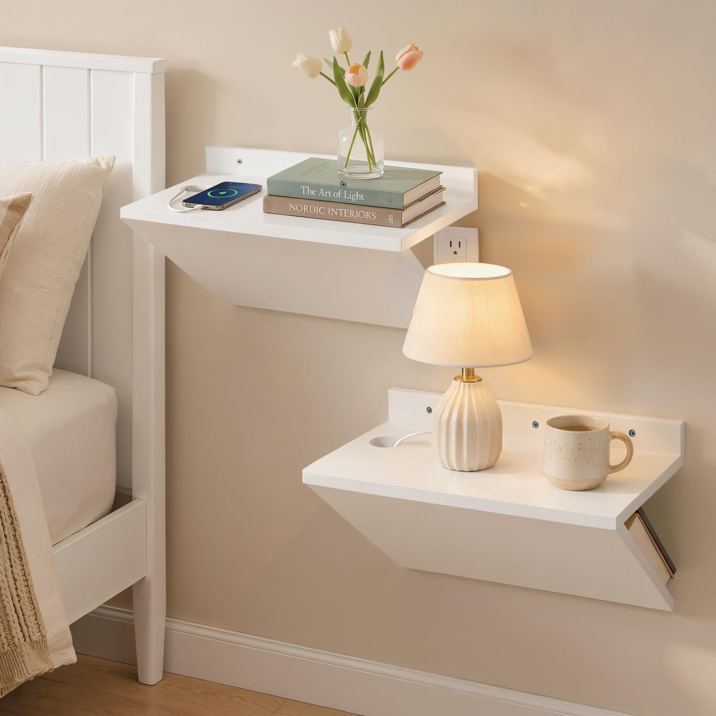 Petrala Floating Nightstand Set of 2, White Wall Mounted Bedside Table Modern Minimalist Nightstands Shelf Narrow Wood Floater Night Stand Small Side Table Pine End Table for Small Spaces Bedroom