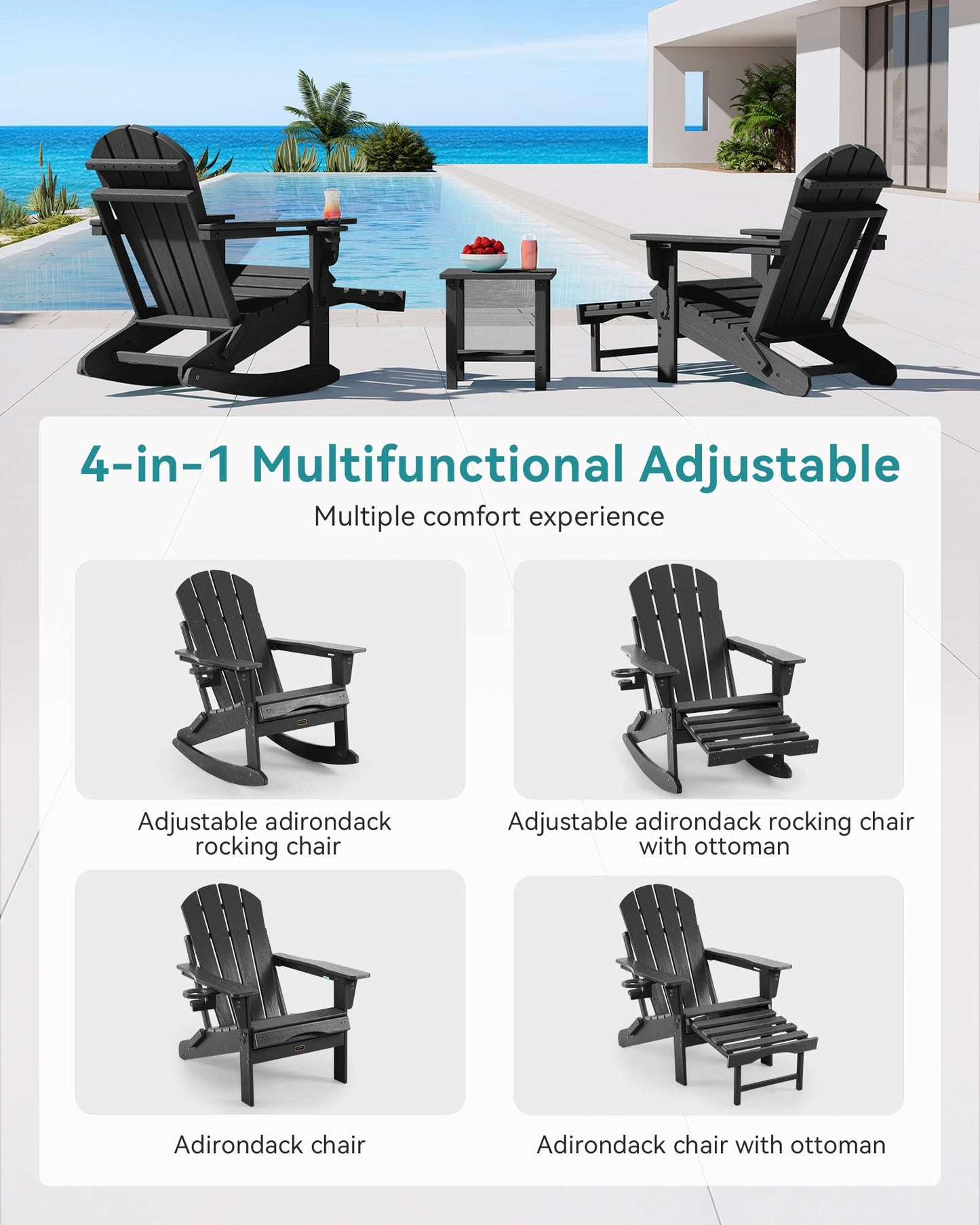 Serique Adjustable Adirondack Rocking Chair with Retractable Ottoman, 4-in-1 Multifunctional Folding Patio Chair with Cup Holder, Outdoor Chair Wood Texture for Lawn, Porch, Backyard, Pool(Black)