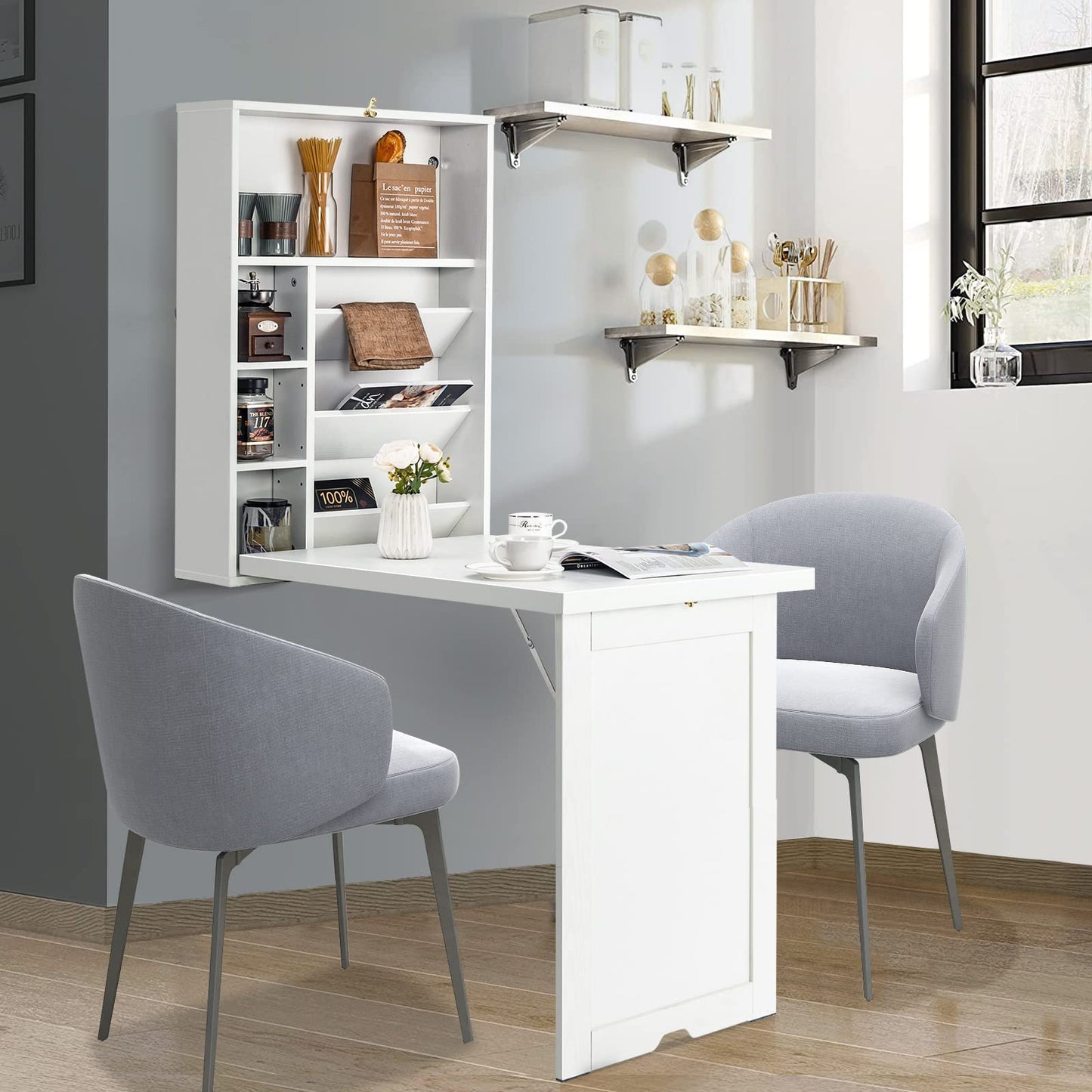 Byroce Wall Mounted Desk, Wood Collapsible Floating Desk, Convertible Computer Desk with Storage Area, Hanging Fold Out Table for Home Office, Small Spaces (White)