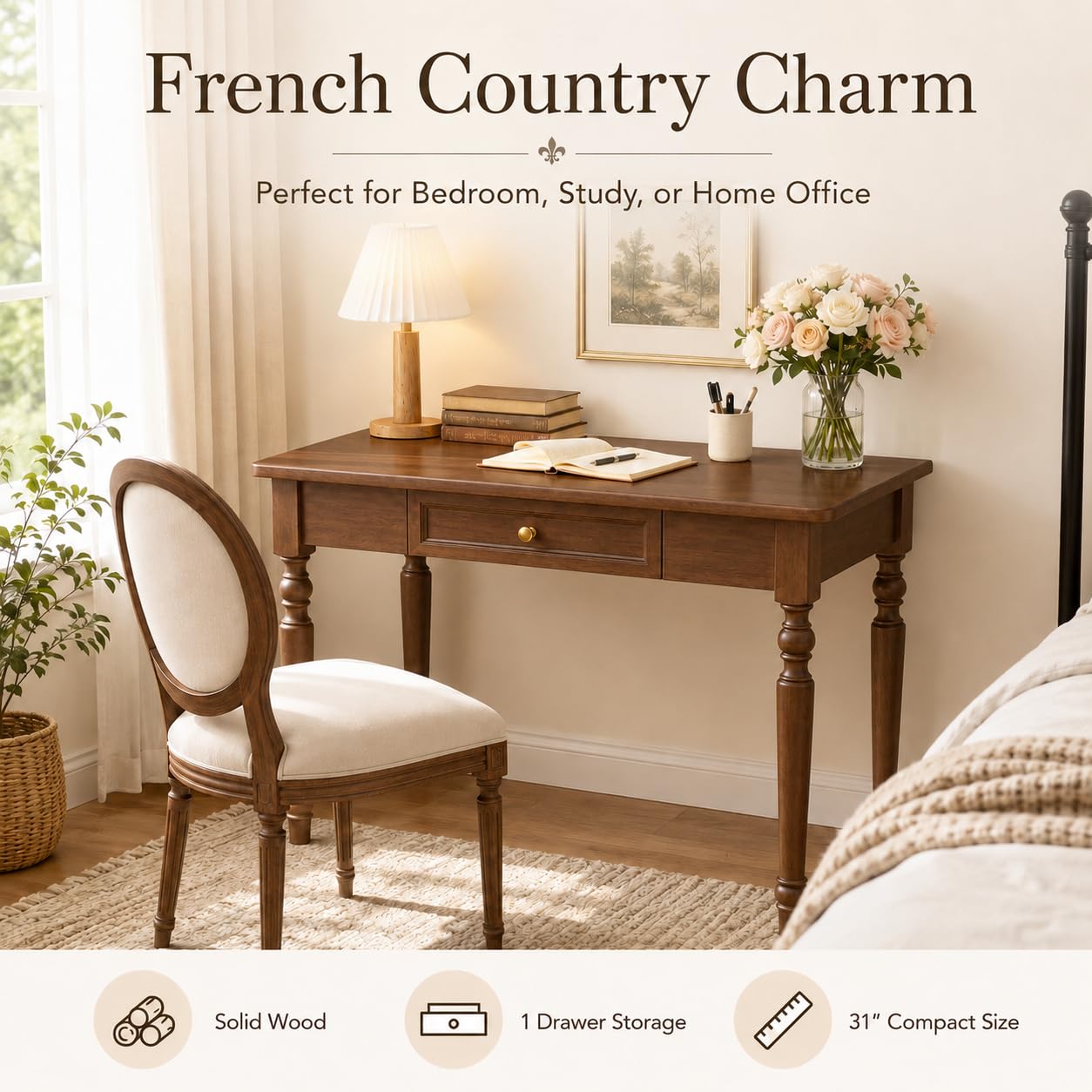 TYHRZNJJ 31" Solid Wood Writing Desk with Drawers – French Country Computer Desk for Home Office, Bedroom, Living Room, or Study(Walnut,31 x 24 x 30 in)