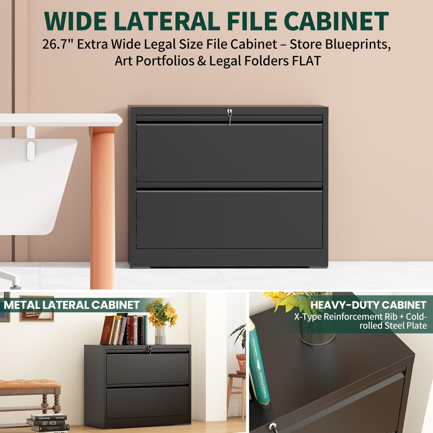 2 Drawer Lateral File Cabinet with Lock, 26.7"W File Cabinets for Home Office, Office Furniture for Organization Hanging Legal/Letter/A4, Metal Filing Cabinet Storage Cabinet, Require Assembly, Black