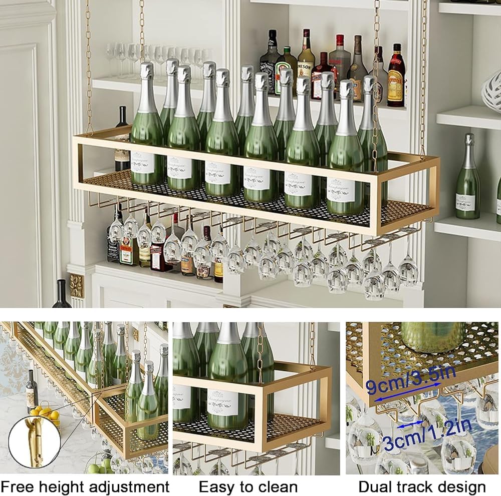 WXPWAMZ Wall Mounted Metal Wine Rack Height Adjustable Ceiling Wine Glass Rack, Bar Floating Shelf Wine Glass Holder,Wall-Mounted Wine Glass Decorate Rack Perfect for Bar Cafe Kitche(Size: