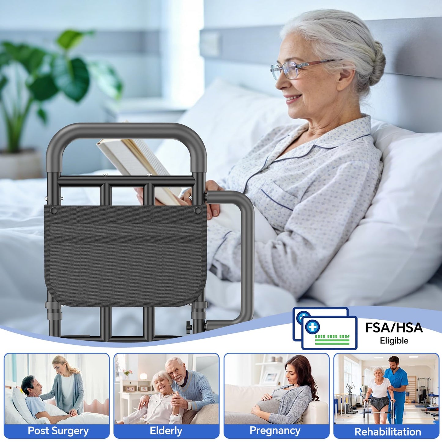 JNALIRC Bed Rails for Elderly Adults Safety with Non-Slip Handle，Adjustable Bed Assist Rail, ASTM Approved, 400 lb Capacity, Fixing Strap & Storage Pocket, Fits Twin/Full/Queen/King