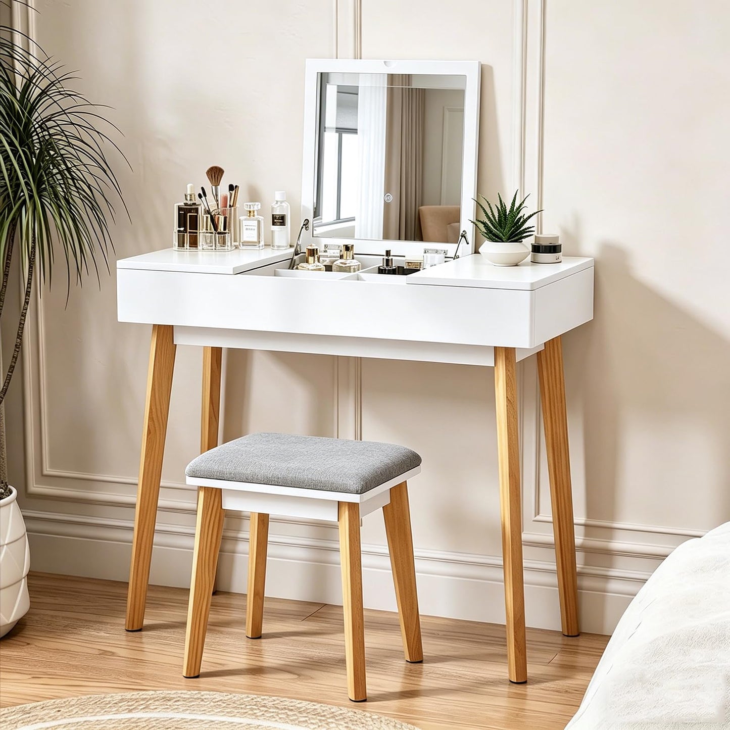 JanflyHome Small Vanity Desk, Flip Top Makeup Vanity, Makeup Vanity Desk with Mirror & LED Light, Power Outlet, Compact Dressing Table with Cushioning Stool, Vanity Desk Set for Kids, White