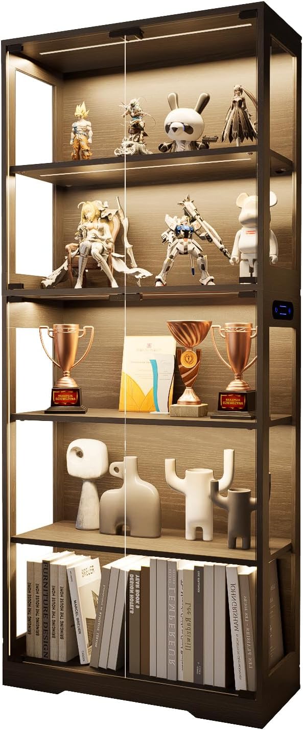 65" Tall Display Case with Glass Doors, Lighted Display Cabinet Bookcase with