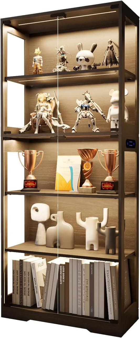 65" Tall Display Case with Glass Doors, Lighted Display Cabinet Bookcase with