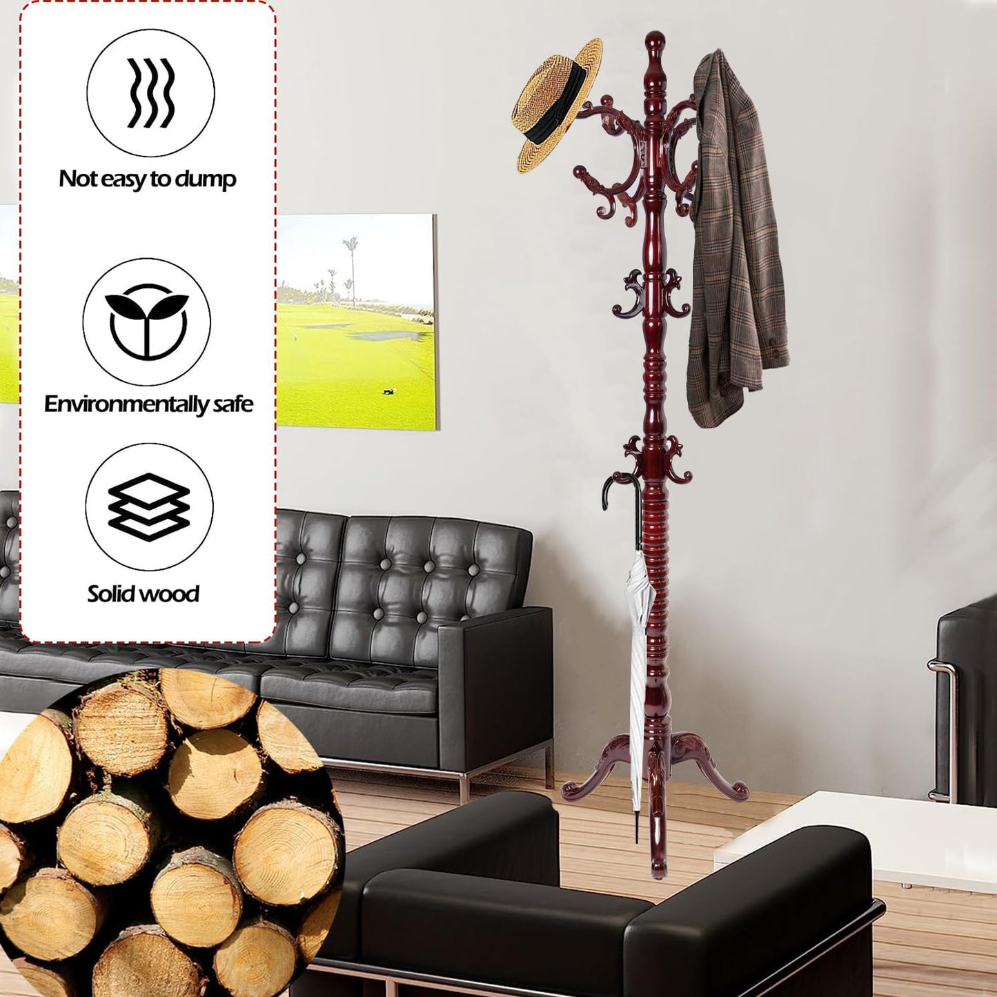 Sauqzoh Coat Racks Free Standing with 14 Hooks, Natural Wood Coat Stands for Entryway, Adjustable Height 73 in Tree Coat Rack Stand for Hallway Home Office Bedroom (Mahogany triangle)