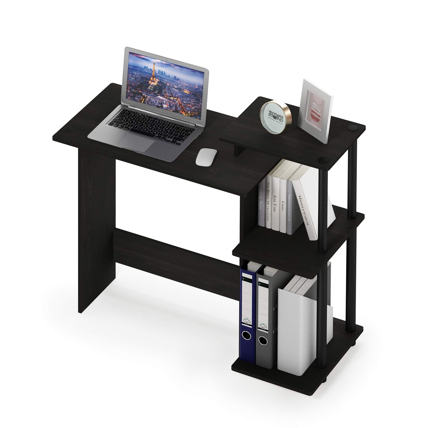 Furinno EFFICIENT Desk, 28.6" Wide Gaming Desk with 3 Open Side Shelves, Laptop Notebook Computer Desk, Office Desk for Home Office, Study Room, Dorm, Bedroom, Dark Espresso