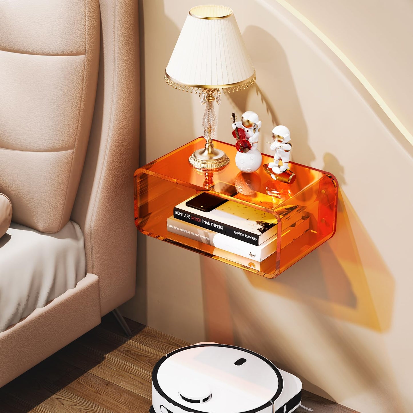 Acrylic Floating Nightstand, Bedside Table, Nightstand Shelf Wall Mounted Bedside Shelf (Orange, Small)