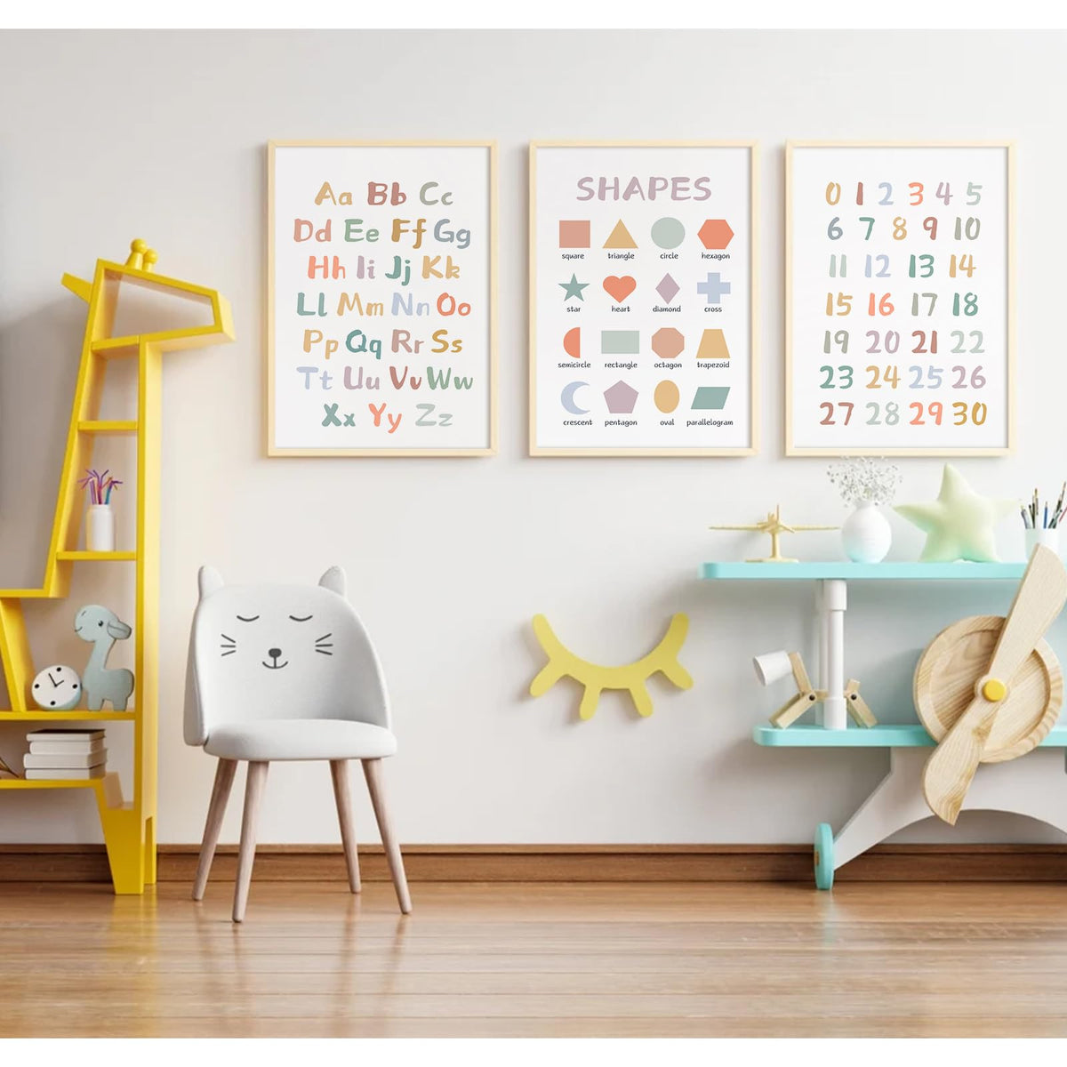 Kids Playroom Wall Art Decor Nursery ABC Alphabet Poster Play Room Canvas Wall Decor Toddler Childrens Educational Artwork Numbers Shapes Prints ABC Picture for Playroom 12x16 Inch Unframed Set of 3