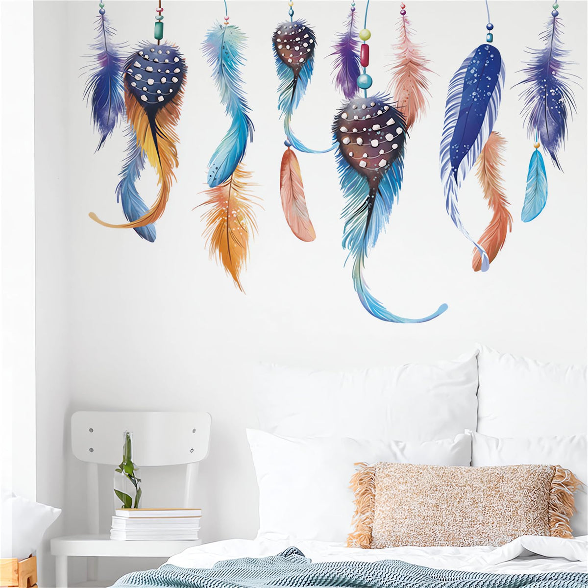 Hanging Dream Feather Wall Stickers, sacinora Plume Wall Decals Removable Vinyl Peel and Stick for Living Room Bedroom Children's Room Sofa TV Background Art Decorations