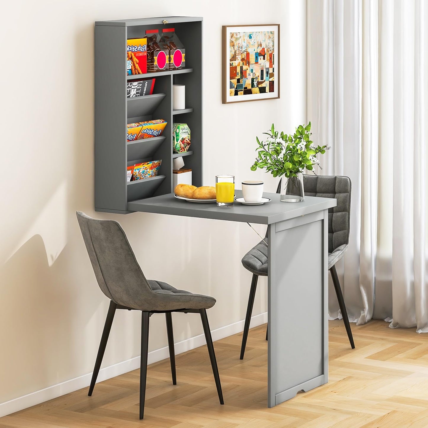 Byroce Wall Mounted Desk, Wood Collapsible Floating Desk, Convertible Computer Desk with Storage Area, Hanging Fold Out Table for Home Office, Small Spaces (Grey)