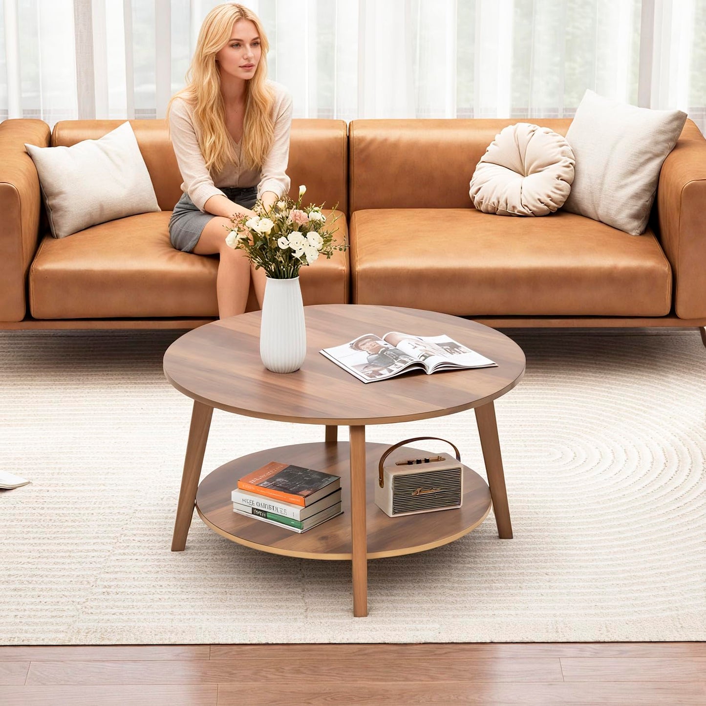 FDW Round Coffee Table with Storage 2-Tier Modern Wood Center Table for Living Room Bedroom or Office Small Space Circle Coffee Table with Sturdy MDF Top & Tapered Legs Easy Assembly,Brown