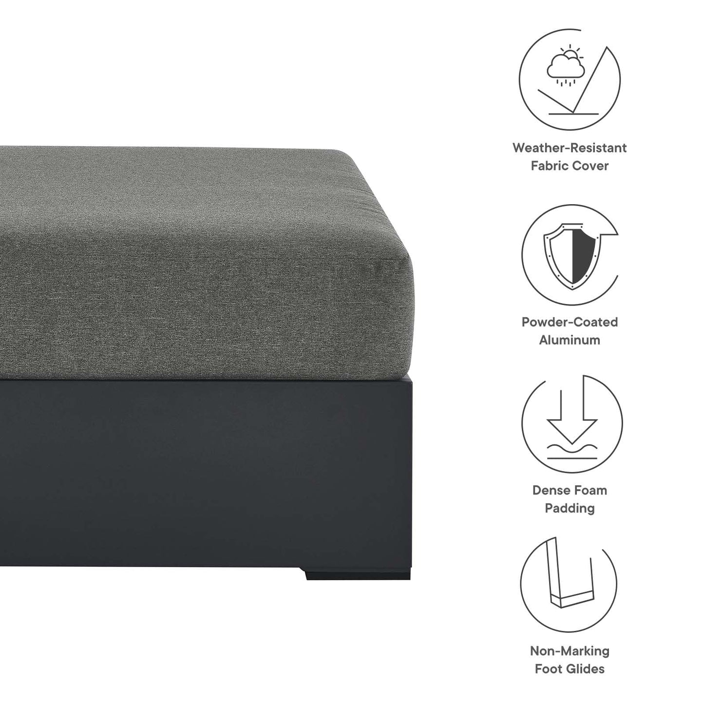 Modway Tahoe Aluminum Ottoman in Gray Charcoal with Weather-Resistant Cushion-Ideal as Outdoor Footstool, Patio or Sunroom Furniture