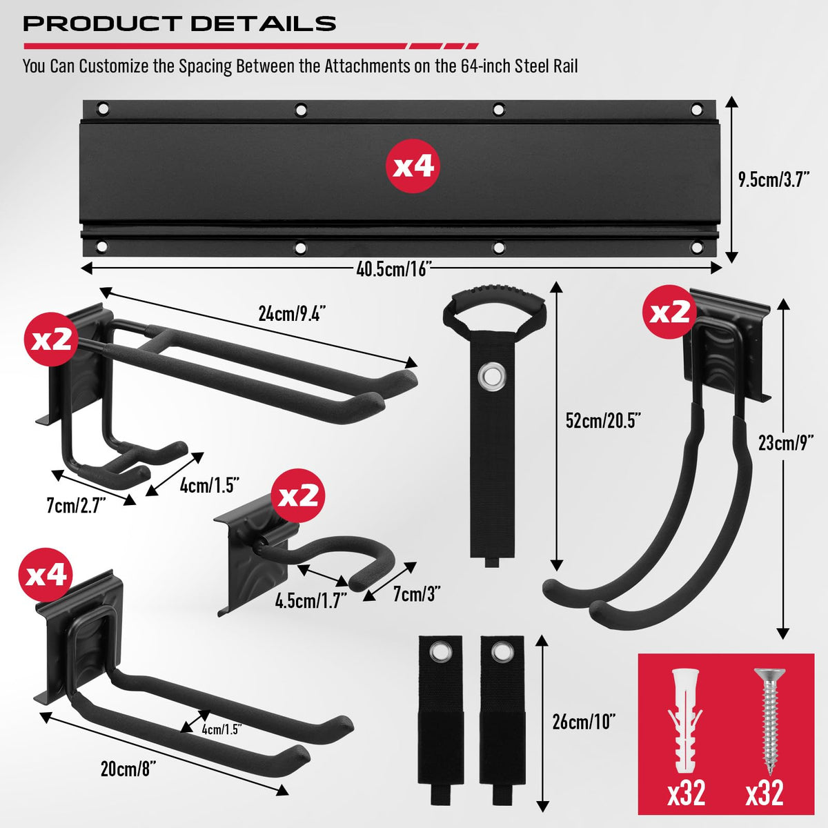 SEDY 64" Heavy Duty Garage Storage Tool Organizer Wall Mount - Tool Rack with Adjustable Hooks, Anti-Rust, 300lbs Capacity - Easy Installation (4 Racks, 10 Hooks, 3 Straps)