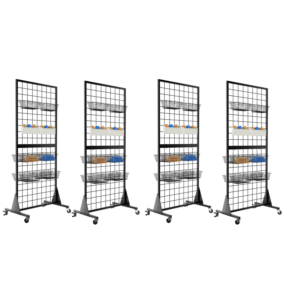 QKOSMTL 4-Pack Gridwall Panel Display Stand, 2'x5.5' Heavy Duty Floor Standing Rack with Detachable Girdwall, Movable Silent Wheel, Easy to Transport, Ideal for Retail & Craft Fairs