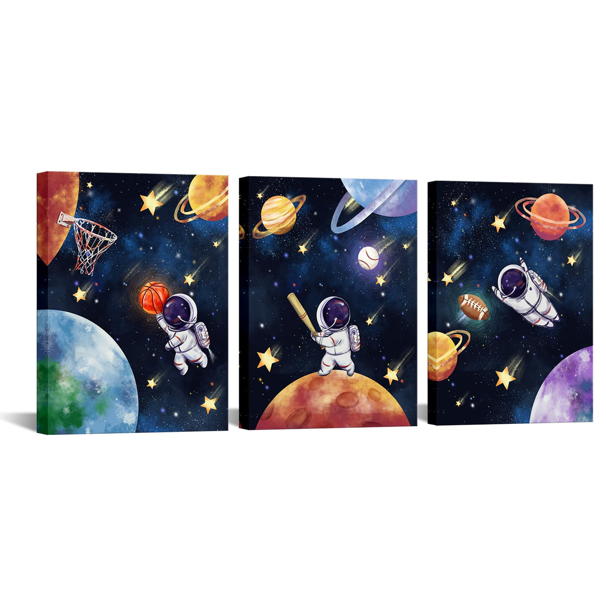 Biuteawal 3 Panels Space Wall Art Cute Astronaut Play Basketball Football Baseball Sports Picture Universe Theme Canvas Painting Funny Art Boys Girls Kids Bedroom Nursery Room Decor