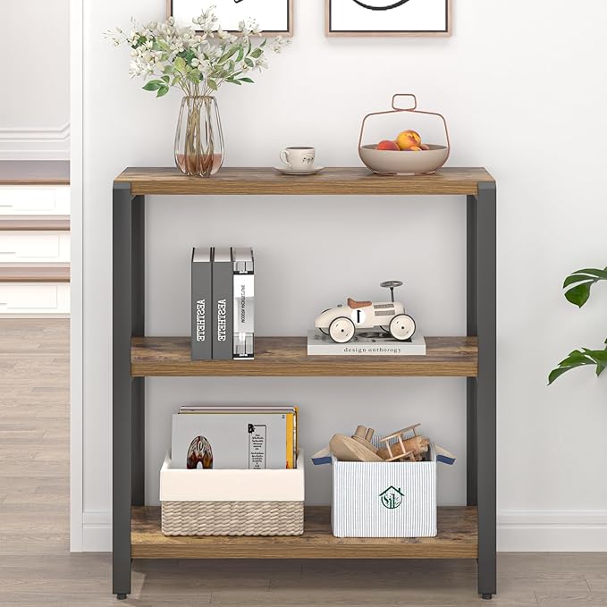 EXCEFUR Small Bookshelf, 3 Tier Short Low Book Shelf, Modern Metal and Wood