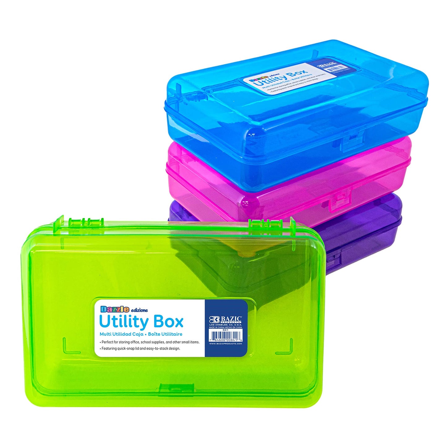 BAZIC PRODUCTS Bright Color Utility Box, 8 x 5 1/4 x 2 3/8 in, for School Office Supplies, Set of 4