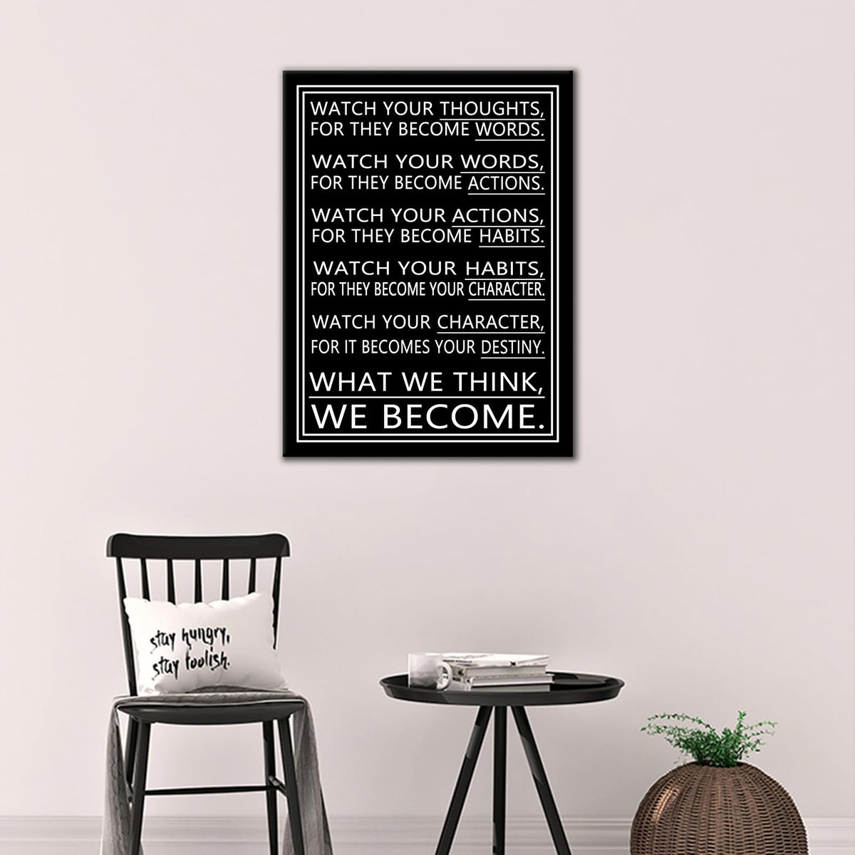 DINGFUN Inspirational Posters Watch Your Thoughts Quote Wall Art, Black White Canvas Poster, Single Panel Framed Decor for Bedroom Dorm Classroom, 24x18 Inch Display Print