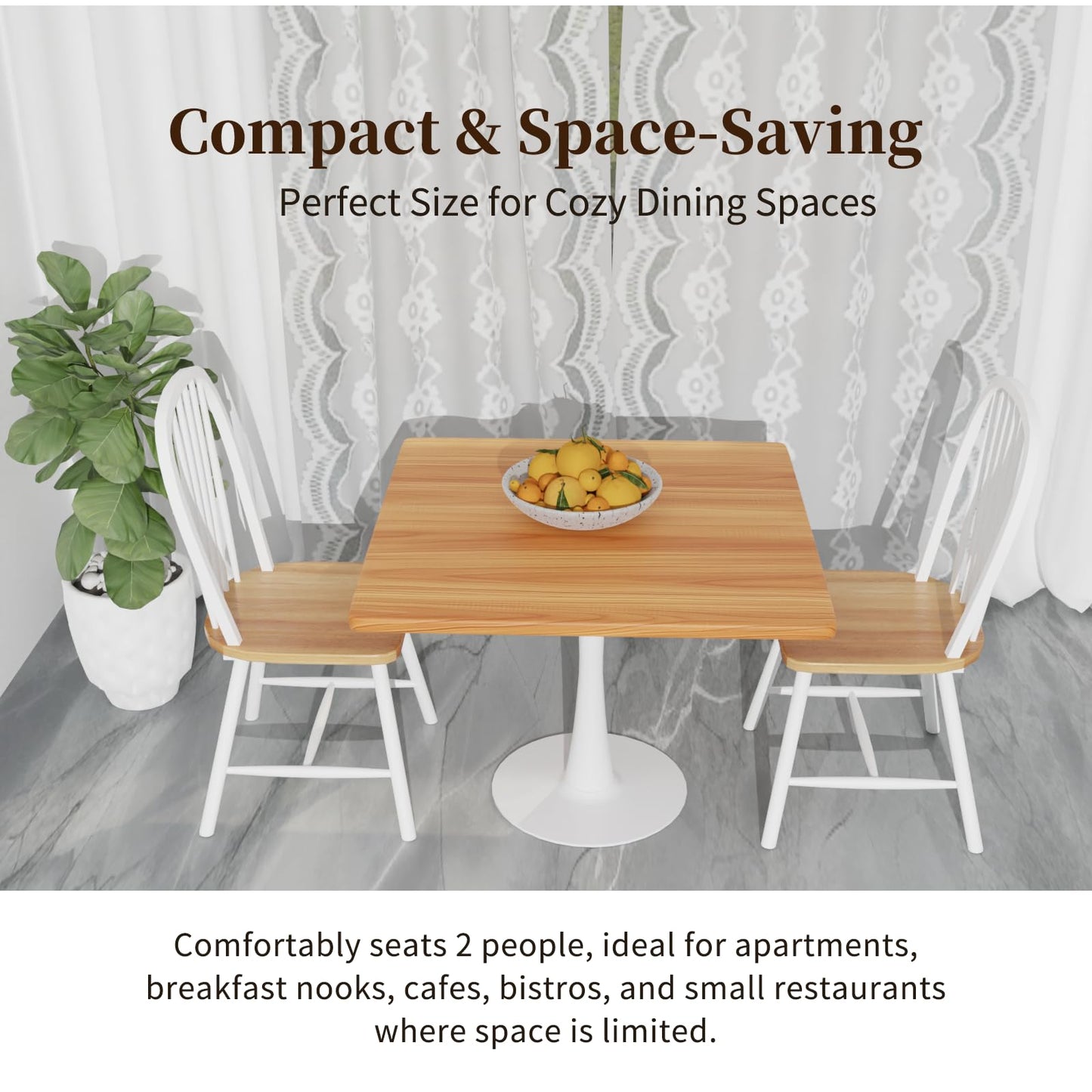23.6" Square Small Dining Table for 2, Tulip Bistro Table with White Metal Pedestal Base, Modern Mid-Century Compact Kitchen Dining Piece for Home, Café, Restaurant, or Office