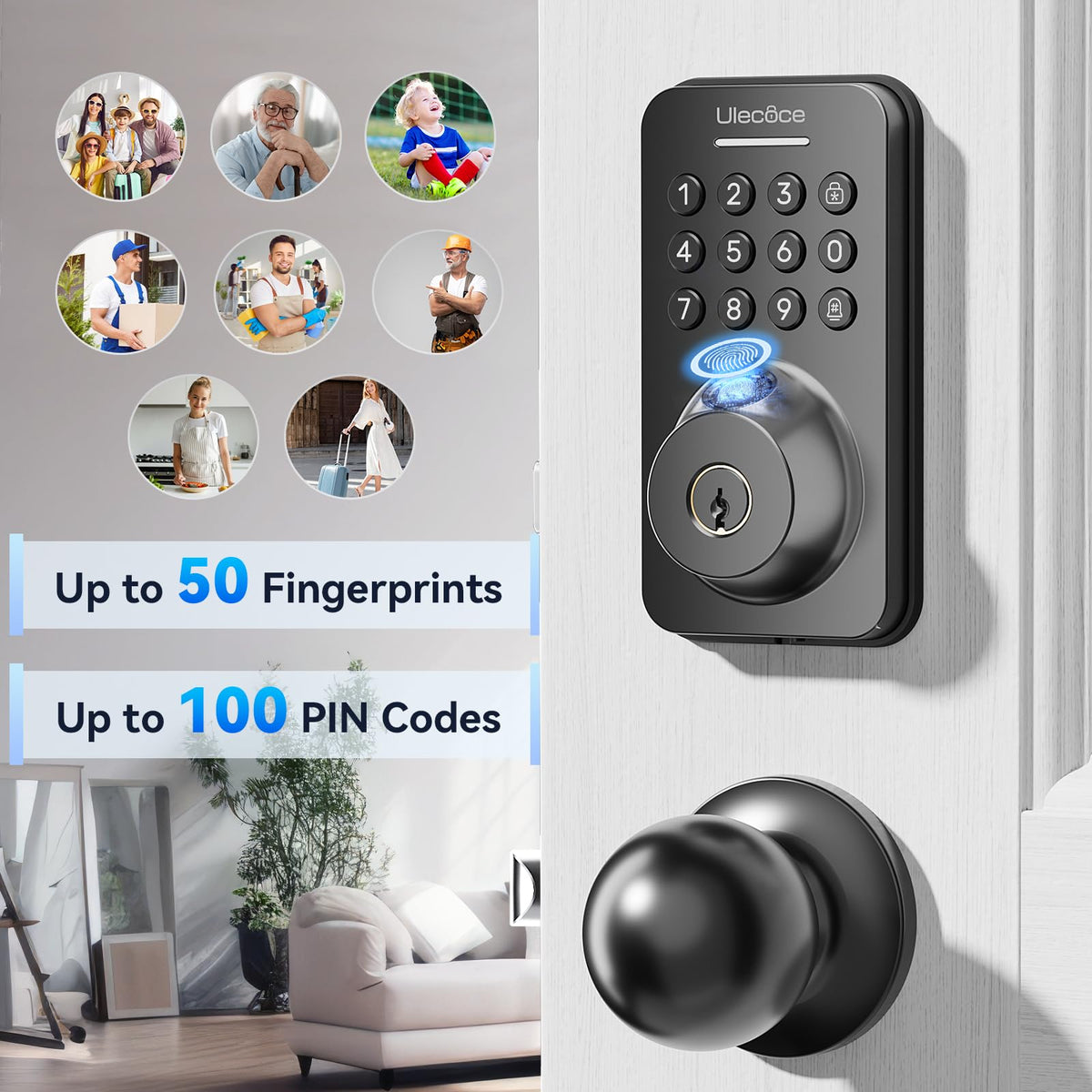 Ulecoce Fingerprint Keypad Deadbolt with Handle Set, Keyless Entry Door Lock, Door Locks for Front Door Lock Set, App Control, Auto Locking, Easy to Install, Matte Black