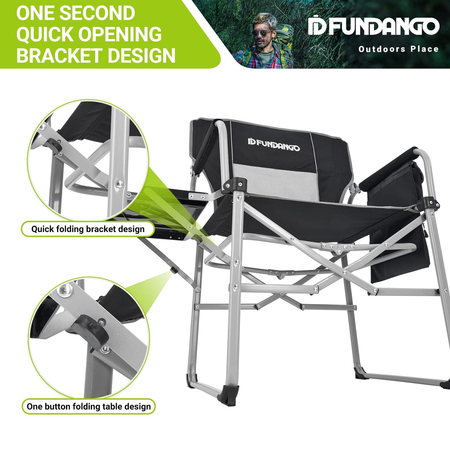 FUNDANGO Camping Directors Chair with Side Table, 32.6" D x 36.2" W x 39.3" H, Black