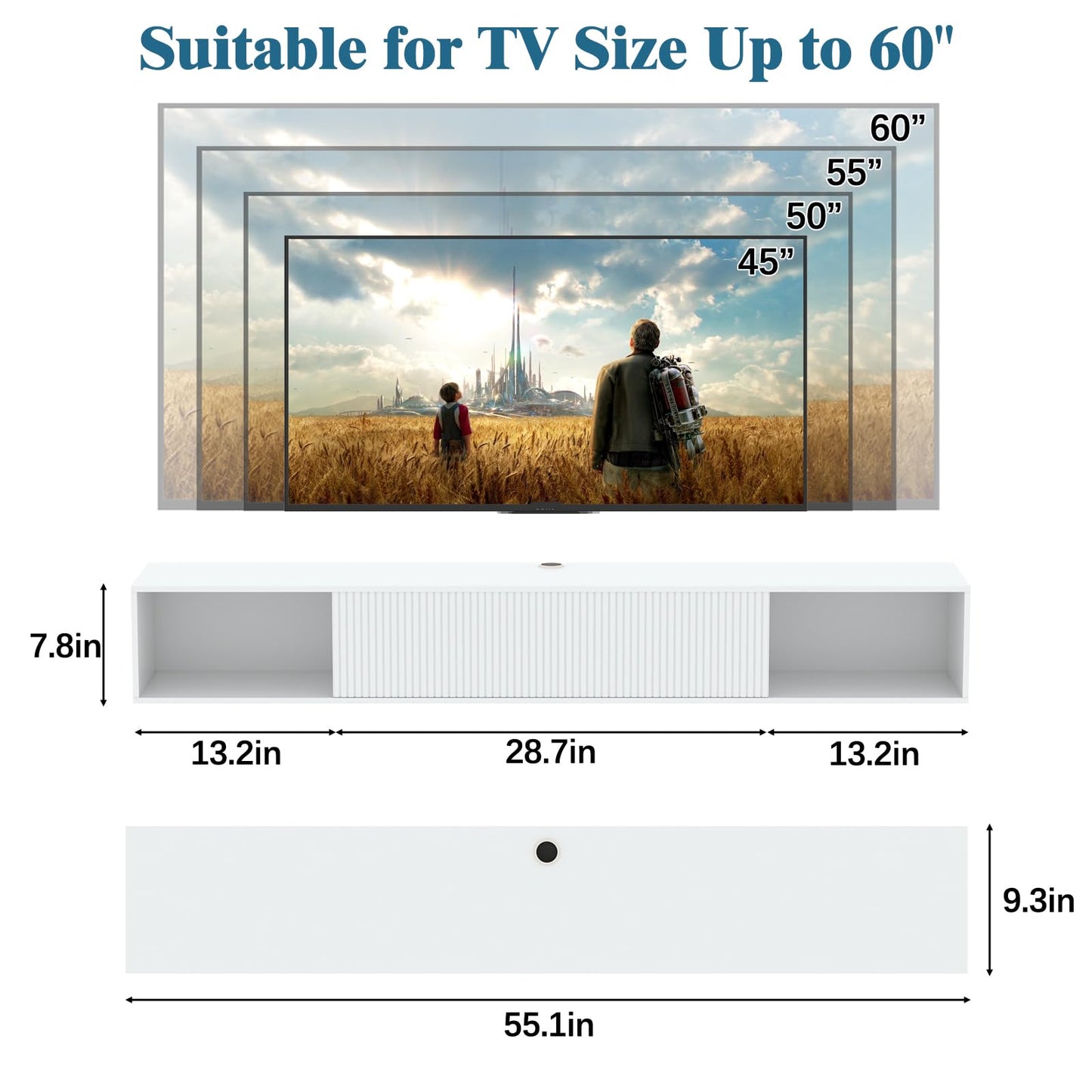 Katrawu 55" Floating TV Stand with LED Light, Floating TV Stand Wall Mounted, Floating Entertainment Center with Storage Long for Bedroom, Wood Floating TV Shelf for Living Room (White)