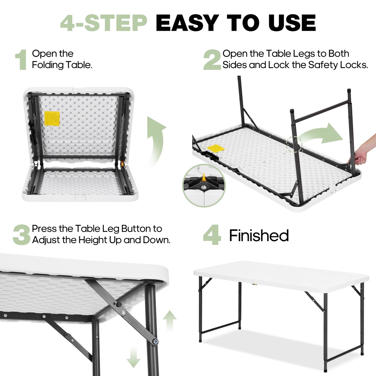 GlowitLian 4ft Folding Table with Adjustable Height, 3-Level Foldable Table with HDPE Top & Steel Legs, Portable 4 Foot Folding Table for Picnic, Party, Craft, Indoor Outdoor Use, White