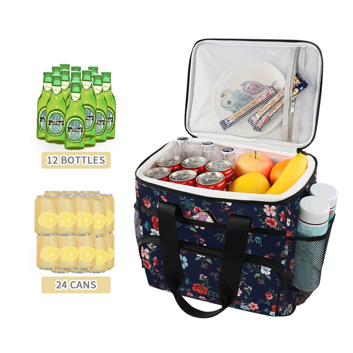 JUMBEAR 15L Leakproof Reusable Insulated Cooler Lunch Bag Office Work Picnic Hiking Beach Lunch Box Organizer with Adjustable Shoulder Strap, Rose Floral