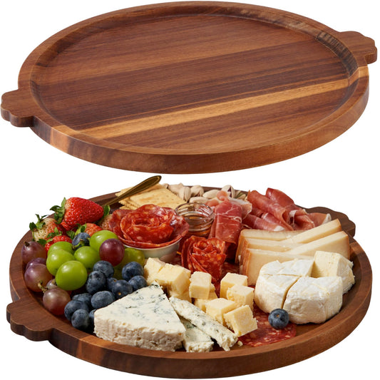 Charcuterie Board | Acacia Wood Serving Tray with Handles 13'' | Round Decorative Ottoman Coffee Table Tray | Circular Wooden Cheese Board Serving Platter for Party Supplies | Includes 1 Board