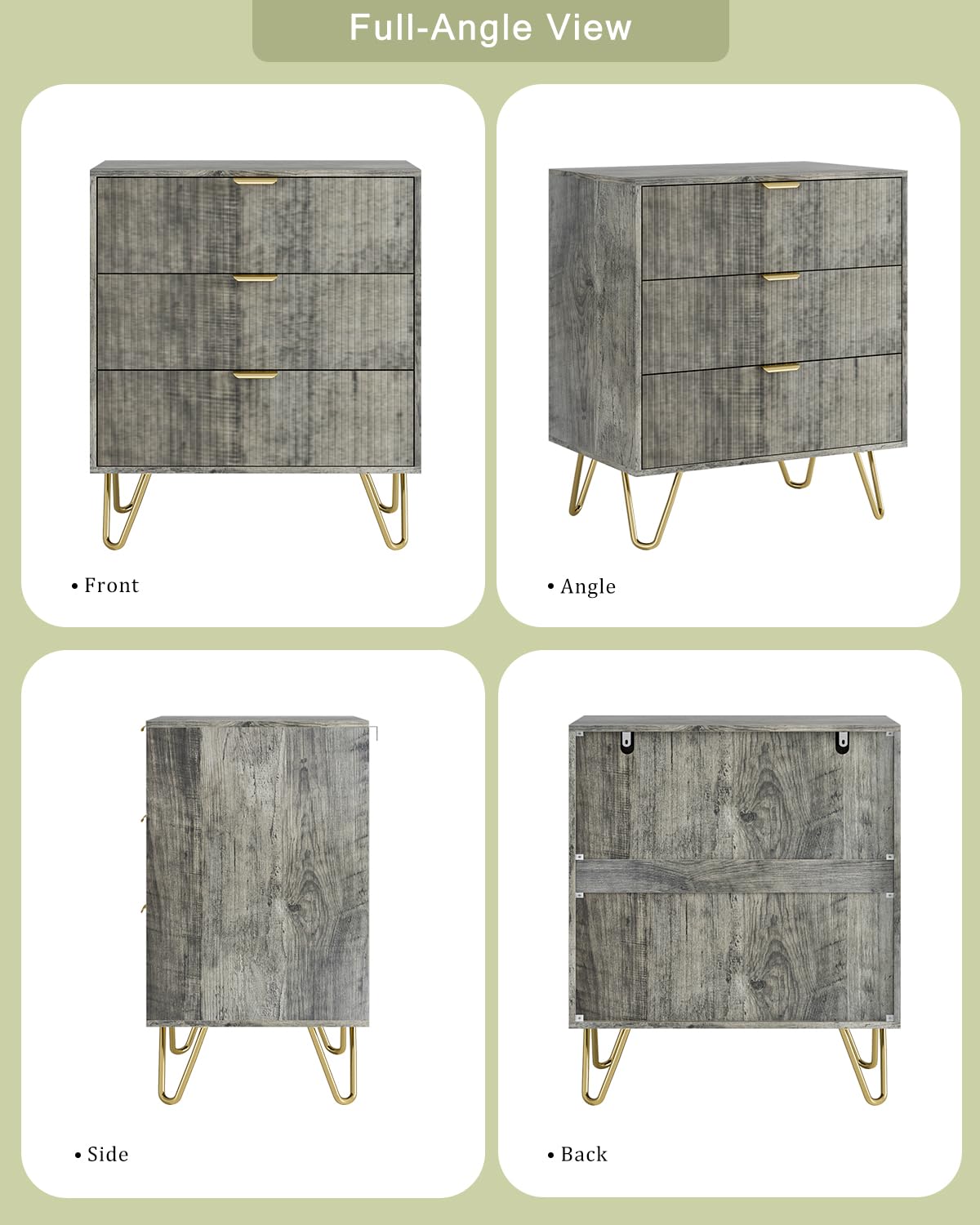 AEPOALUA Grey Dresser for Bedroom, Modern Fluted 3 Drawer Dresser with Storage, Dresser Chest of Drawers with Gold Handles for Bedroom, Living Room, Closet, Hallway, 15.8" D x 23.6" W x 27.6" H