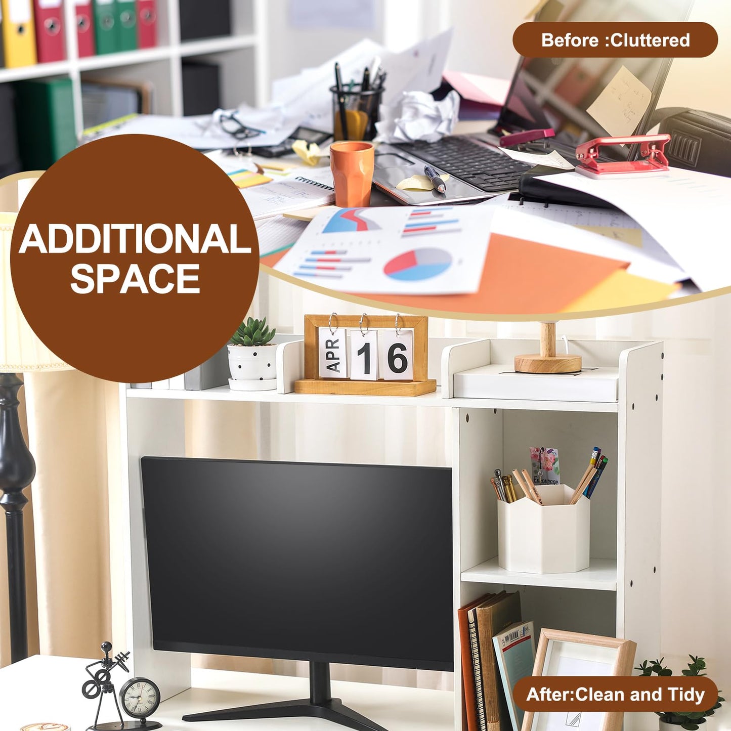Briwooody Dorm Desk Bookshelf Desk Hutch Organizer with 5 Shelves and 3 Tier Desktop Hutch Storage Organizer for College Dorm Home Office Supply, 32.5 x 23.5 x 8 Inch(White)
