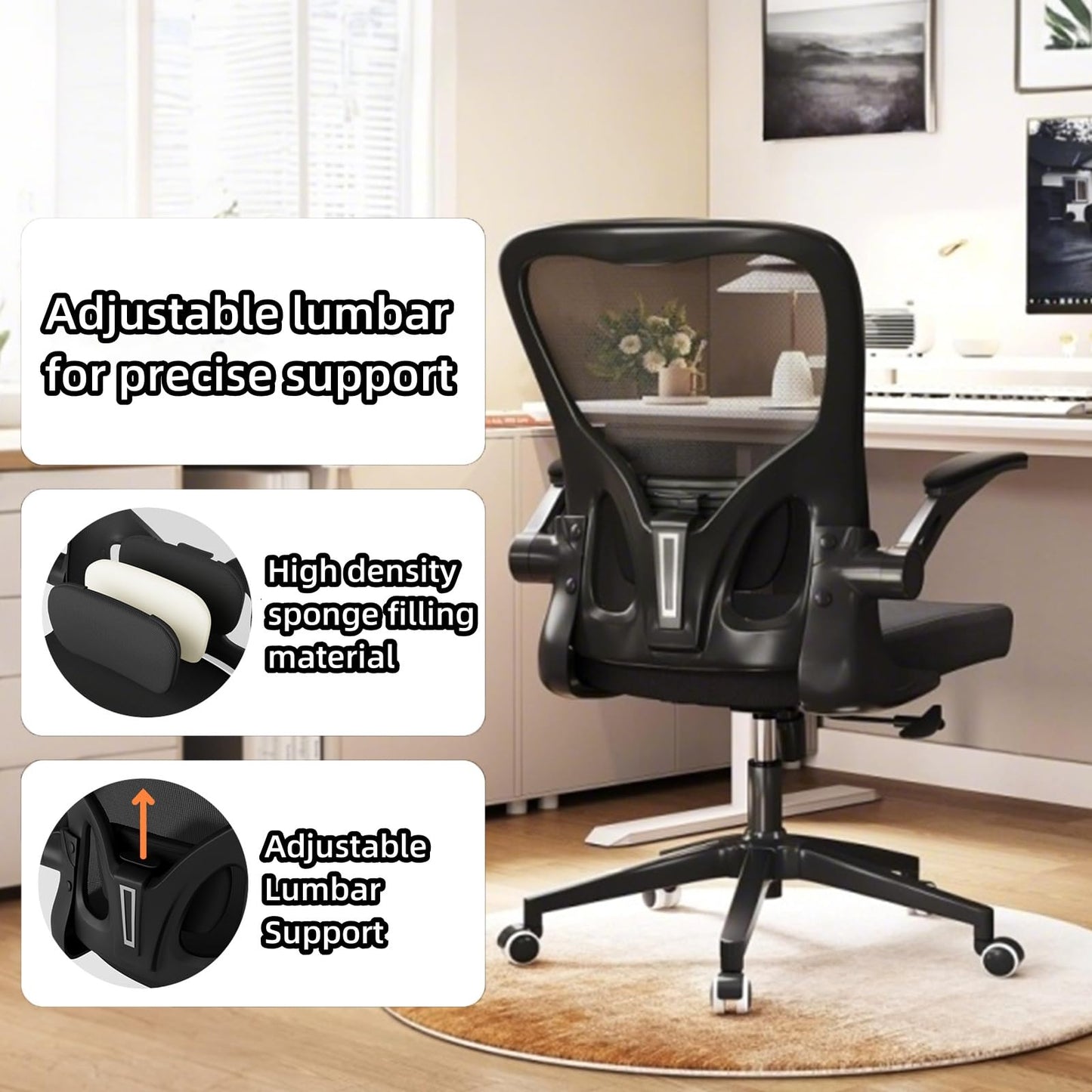 Ergonomic Office Chair, High-Back Mesh Computer Desk Chair with Adjustable Height, Lumbar Support, Flip-Up Armrests,and Swivel Rolling Design for Home and Office Use