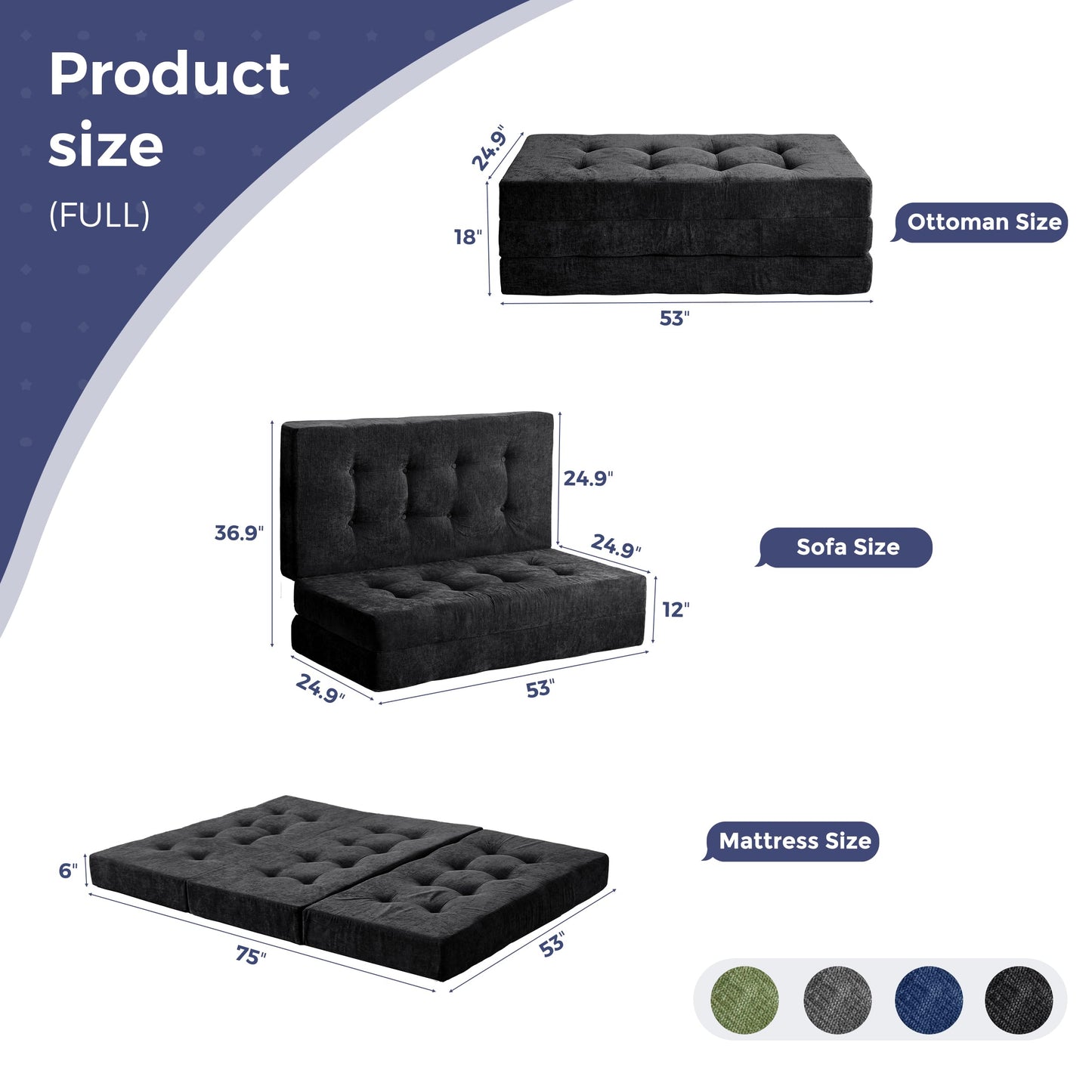 MAXYOYO 6" Folding Sofa Bed for Floor, Tufted Tri-Fold Floor Mattress with Chenille Fabric, Full Size Portable Sofa Couch Guest Mat for Adults, Foldable Topper for Camping, Black, 53"x75"