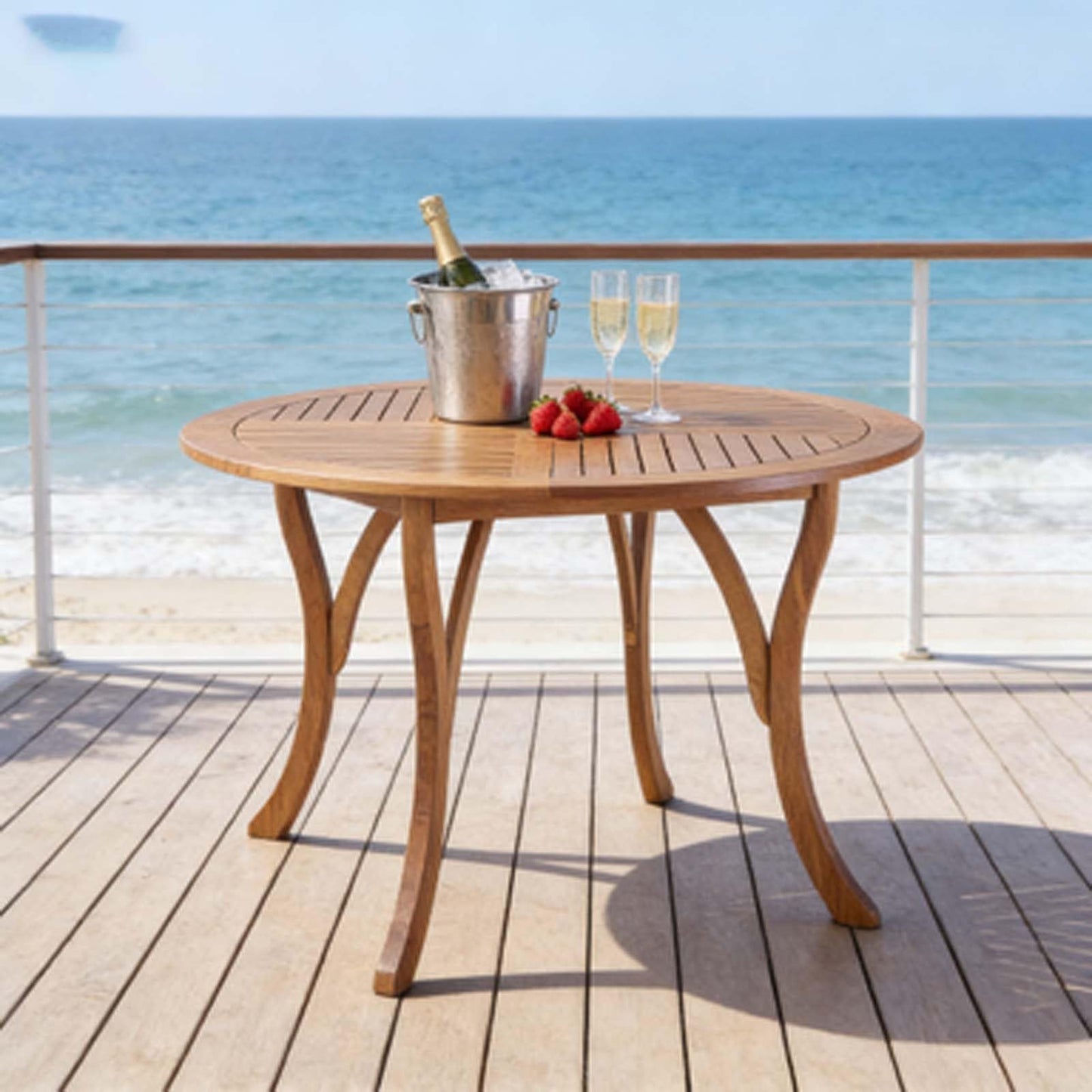 LCNDKF Weatherproof Slatted 47.25" Round Patio Dining Table, Solid Acacia Wood Teak Finish, Stable Indoor Outdoor Garden Lawn Family Dinner Furniture