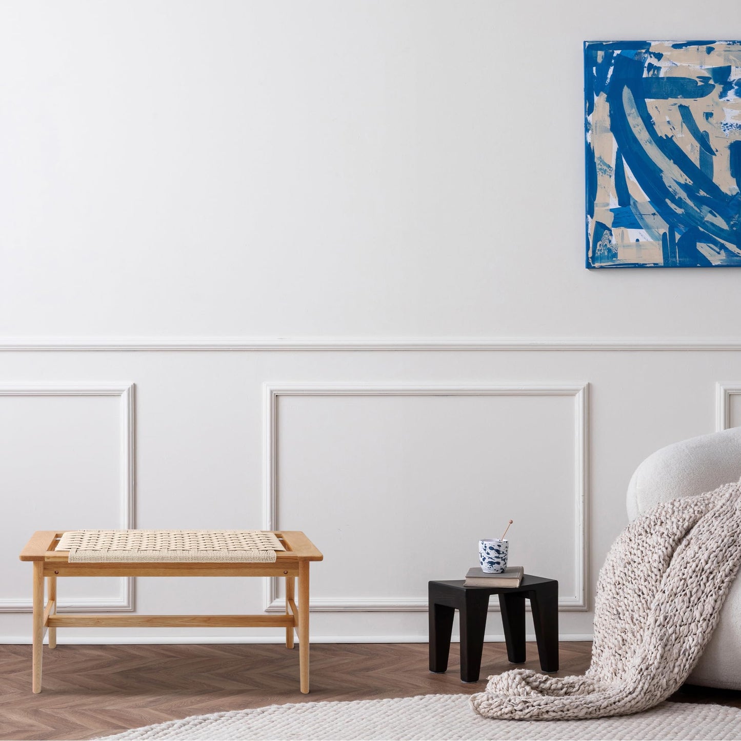 OGMILL 33.5" L Wood Dining Bench Indoor, 100% Natural Solid Oak Bed Bench Hand Woven Enterway Bench Small Bench for Dining Room, Bedroom, Kitchen (Creamy White)