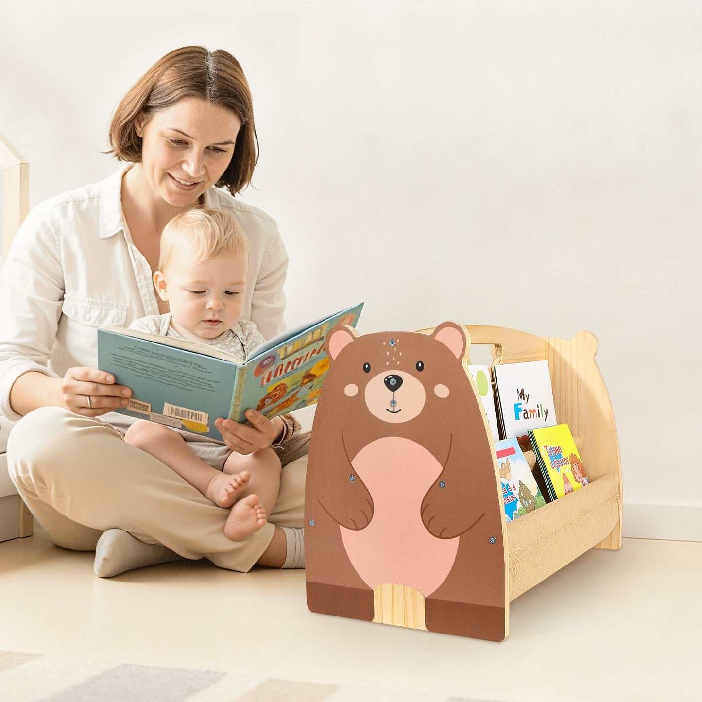 SheSeek Toddler Bookshelf Double-Sided with 4 Tier Deep Sleeves Kids Wooden Montessori Book Rack for Baby Nursery Room, Playroom, Classroom or Bedroom Bookcase Storage Organizer, Brown Bear