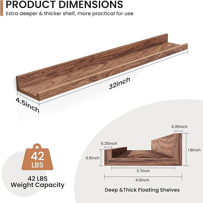 Fun Memories Picture Ledge Shelves Set of 2, 32 Inch Rustic Wall Mounted