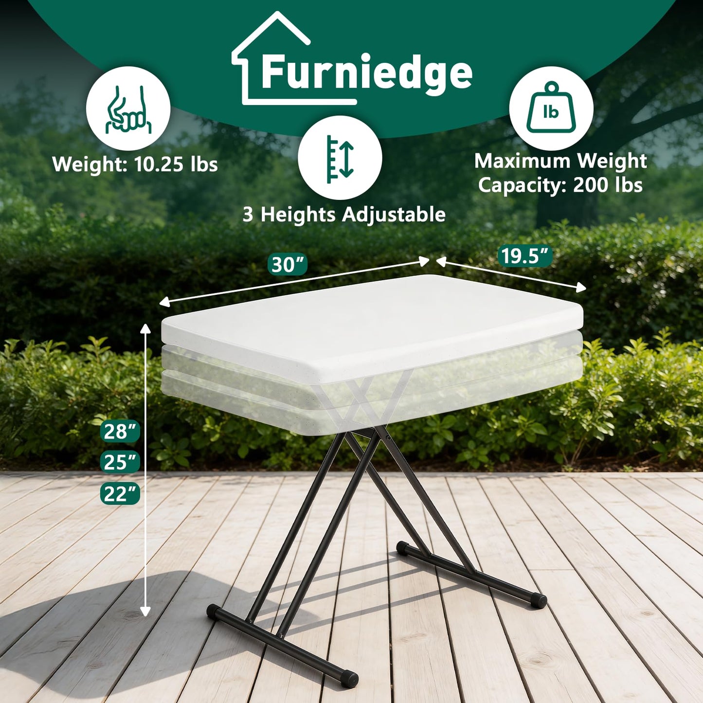FurniEdge 30 Inch Folding Table, Adjustable Height TV Tray for Small Spaces, Heavy Duty Foldable Utility Table for Laptop, Dining, Camping, No Assembly, 200 lbs Capacity, White Granite