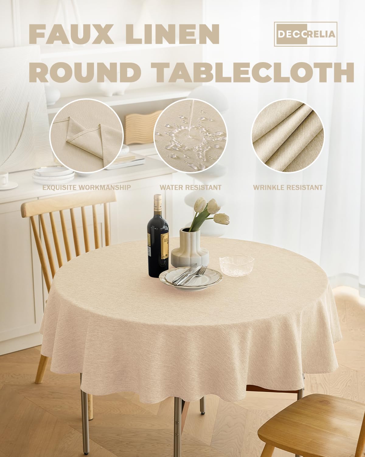 Decorelia Faux Linen Round Table Cloth 60 inch, Waterproof Decorative Fabric Anti-Scratch Texture Round Tablecloth Cover for Dining, Kitchen & Outdoor Table (60 Inch, Round (2-4 Seats), Beige)