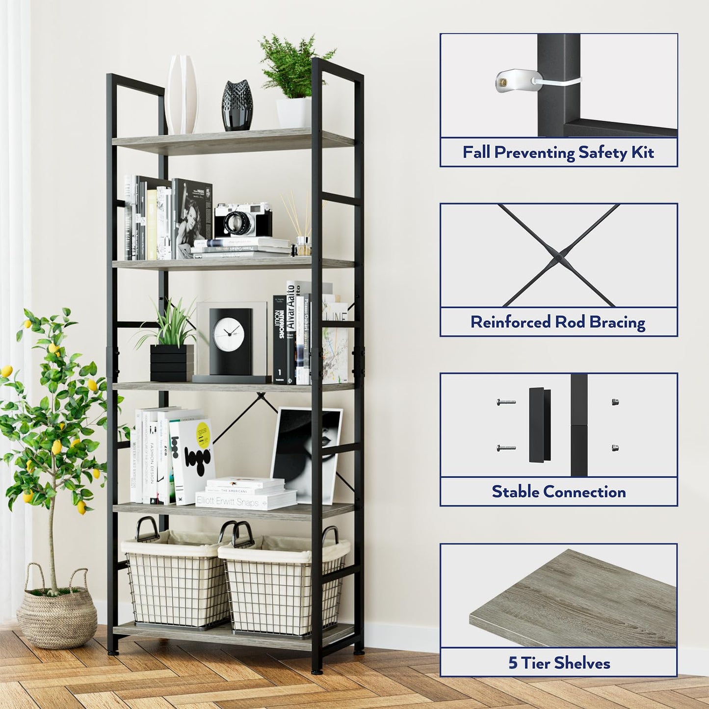 NUMENN 5 Tier Bookshelf, Tall Bookcase Shelf Storage Organizer, Modern Book Shelf for Bedroom, Living Room and Home Office, Grey